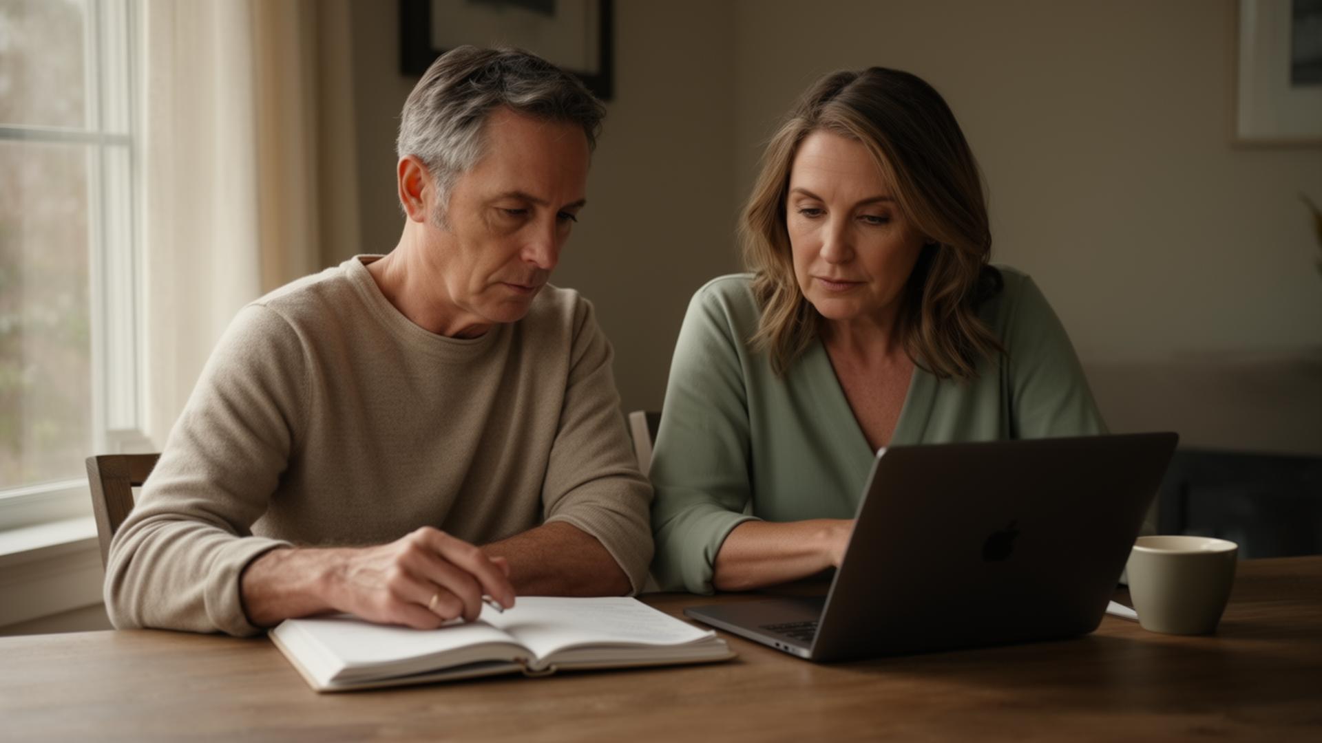 A couple in their late forties sitting together at home, quietly reviewing notes and a laptop as they think through what's next
